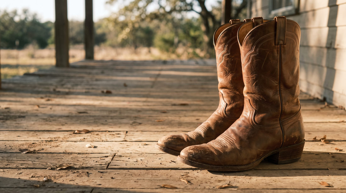 A pair of brown smooth-cowhide cowboy boots with a classic toe and cowboy heel on a wooden porch in late-afternoon light