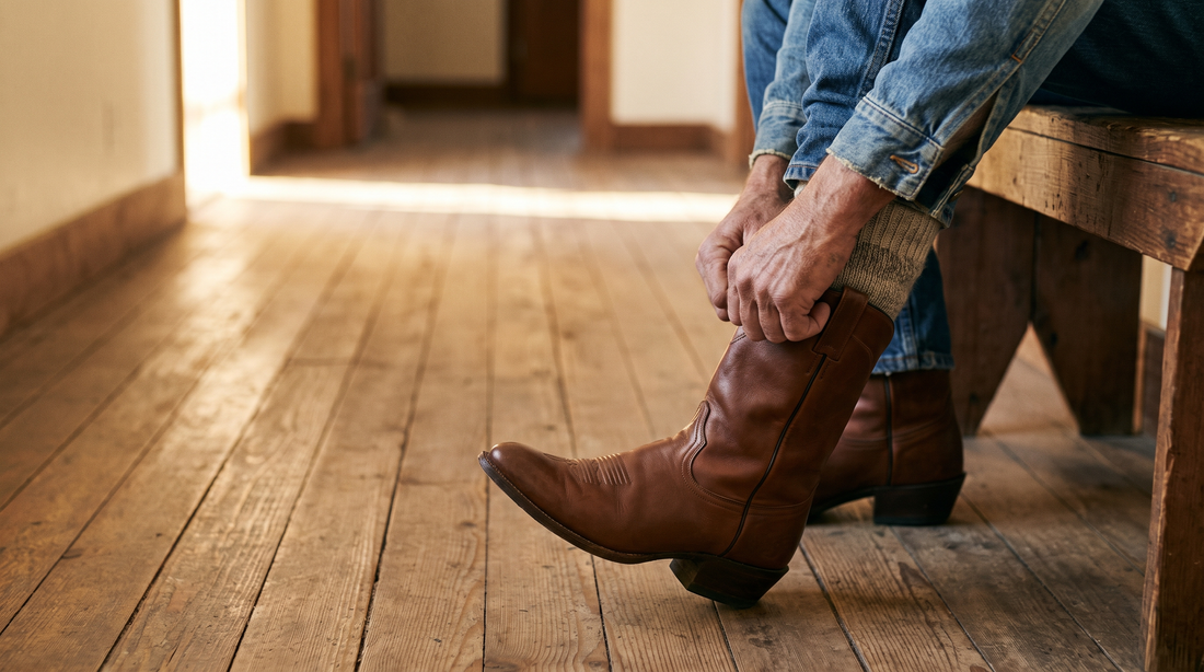 Hands pulling on a brown cowhide cowboy boot over a wool sock on a wooden bench in a sunlit hallway