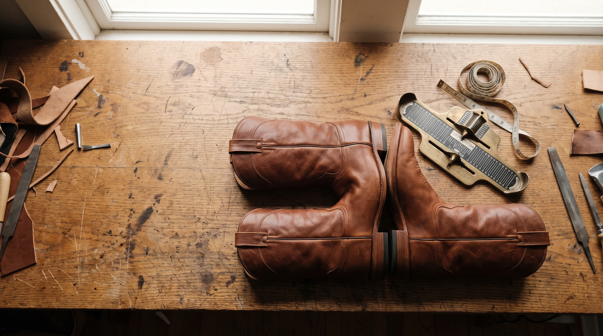 Two brown cowhide cowboy boots laid side by side on a bootmaker's bench next to a brass foot measuring device and a tape measure