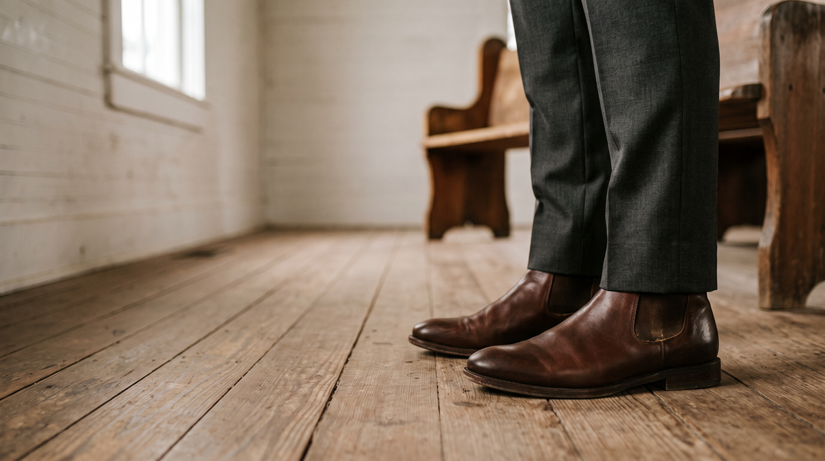 Dark brown calfskin Chelsea-profile boots under charcoal suit trousers on the plank floor of a whitewashed chapel