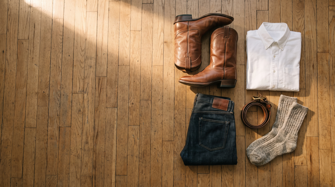 Overhead flat lay on an oak floor: brown cowboy boots, folded dark denim, a white oxford shirt, a brown leather belt and wool boot socks