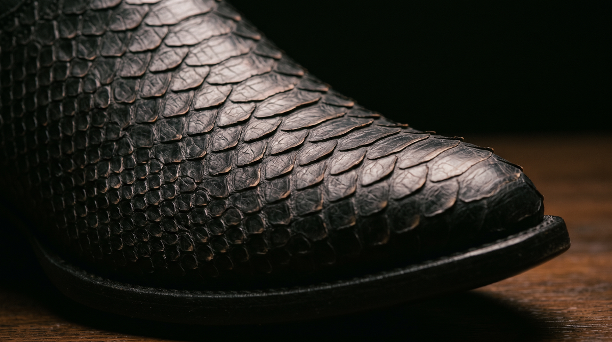 Close-up of the toe of a dark reticulated python cowboy boot showing the overlapping diamond scale pattern