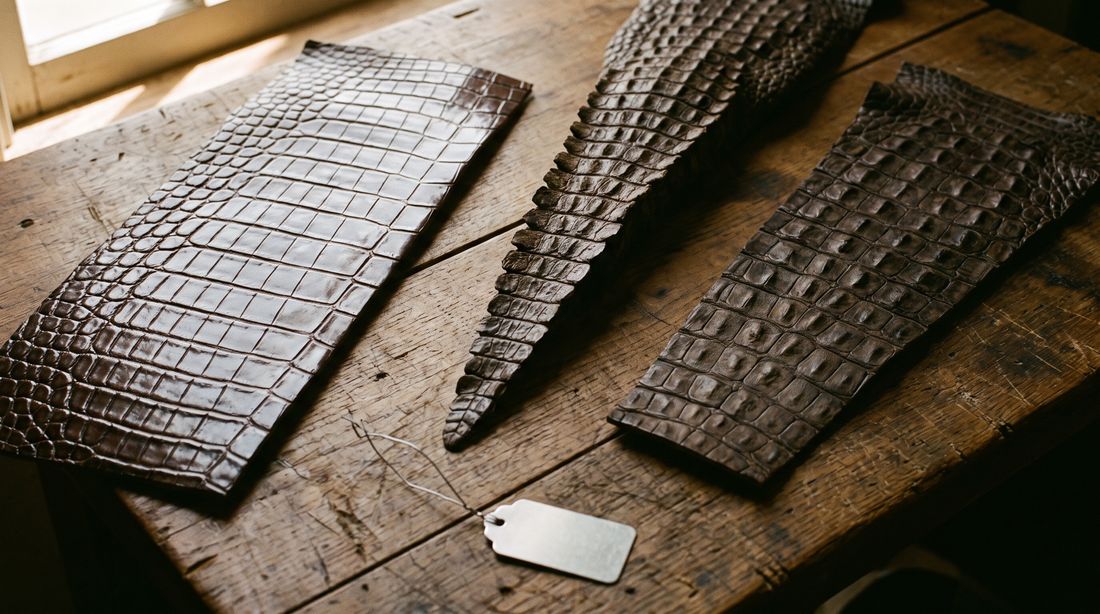 Three crocodilian leather panels on a bench: a belly cut with symmetrical tiles, a ridged hornback strip and a panel of smaller bony tiles, with a blank skin tag