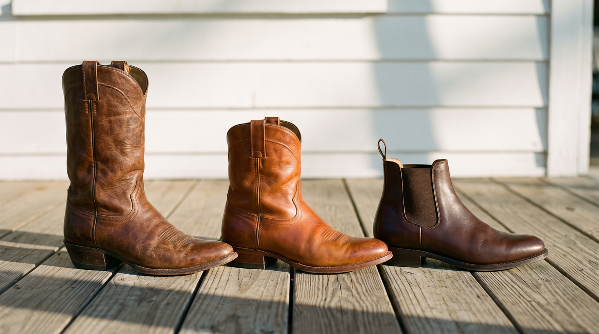 Three boots in a row on a sunlit porch: a tall classic cowboy boot, a shorter roper and an ankle-height Chelsea boot