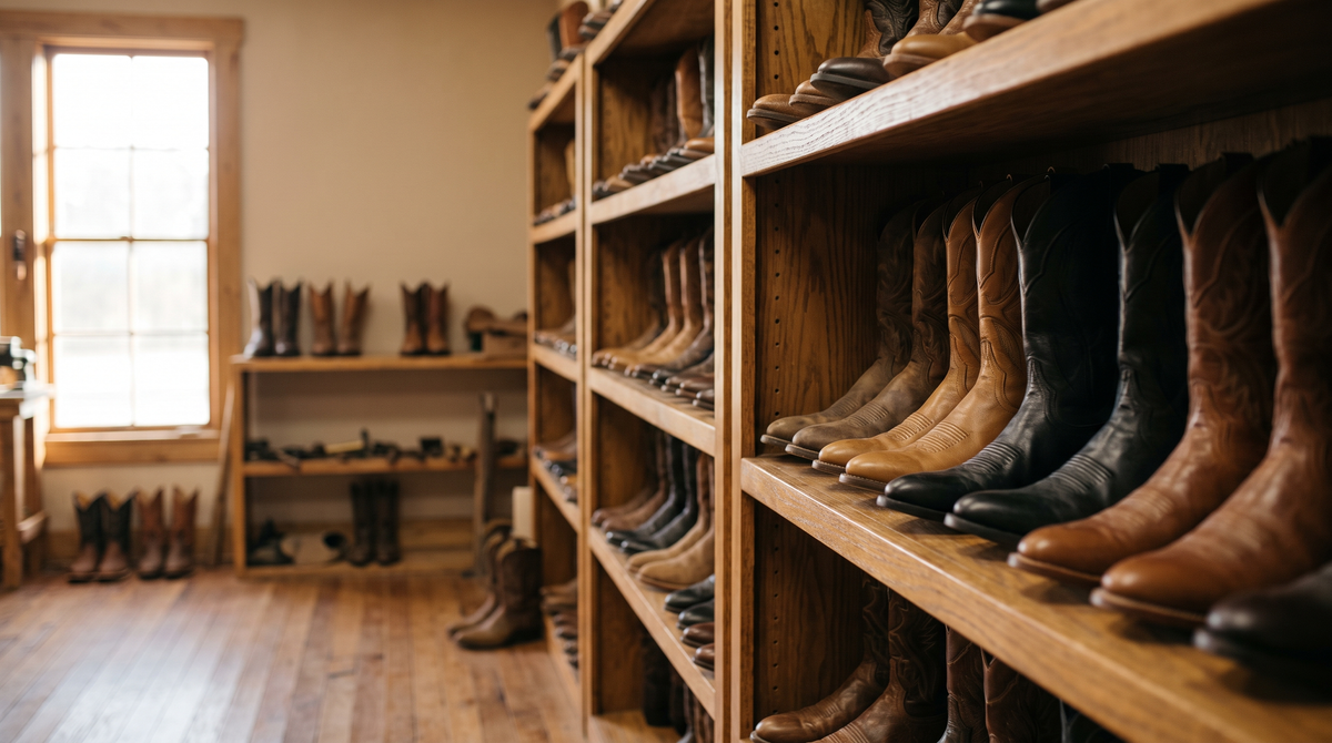 Rows of brown and black cowboy boots on oak shelves in a small sunlit boot shop