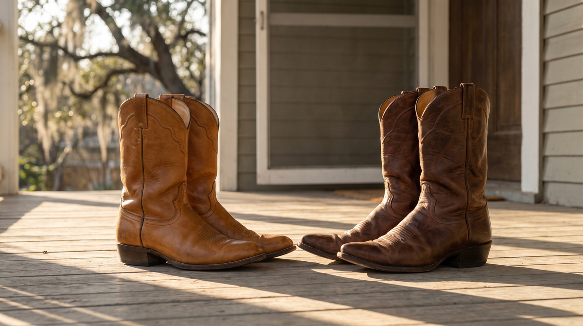 Two pairs of brown cowhide cowboy boots, one honey and one whiskey, standing toe to toe on the wooden porch of an Austin bungalow