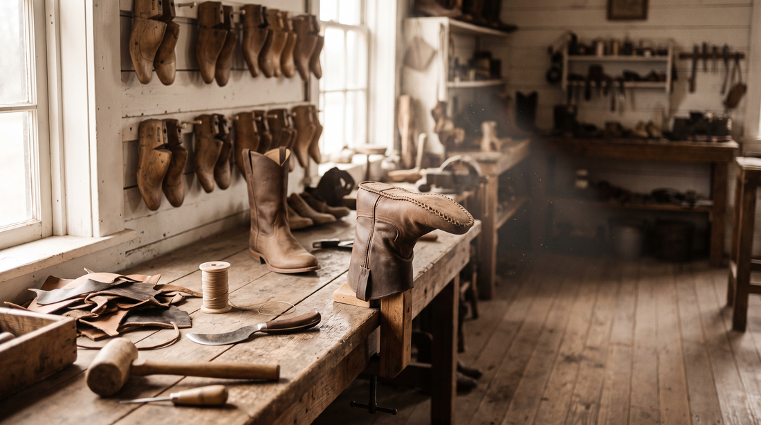 A 1930s-style bootmaker's workbench with wooden lasts on the wall, a half-built boot upper in a jack, thread, a mallet and leather scraps in window light
