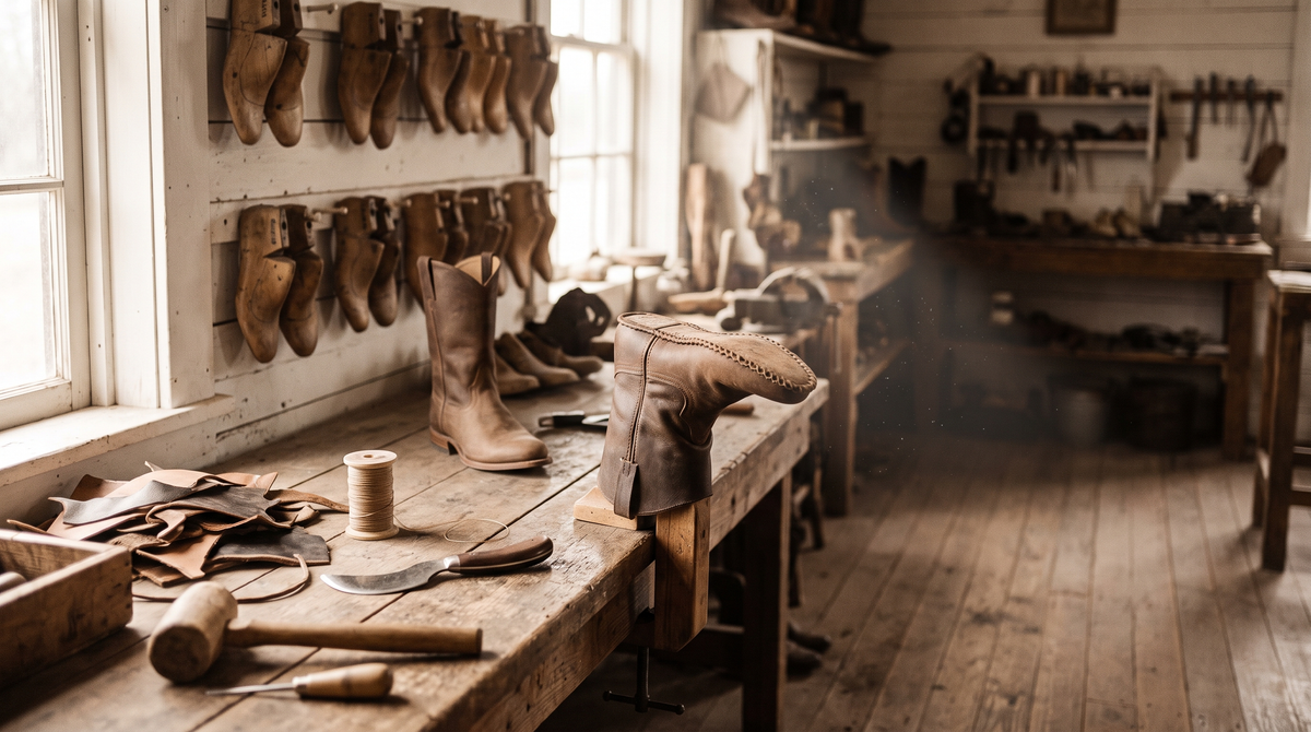 A 1930s-style bootmaker's workbench with wooden lasts on the wall, a half-built boot upper in a jack, thread, a mallet and leather scraps in window light