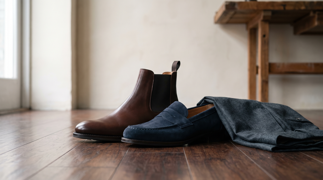 A dark brown calfskin Chelsea boot beside a navy suede penny loafer and folded charcoal trousers on a dark hardwood floor