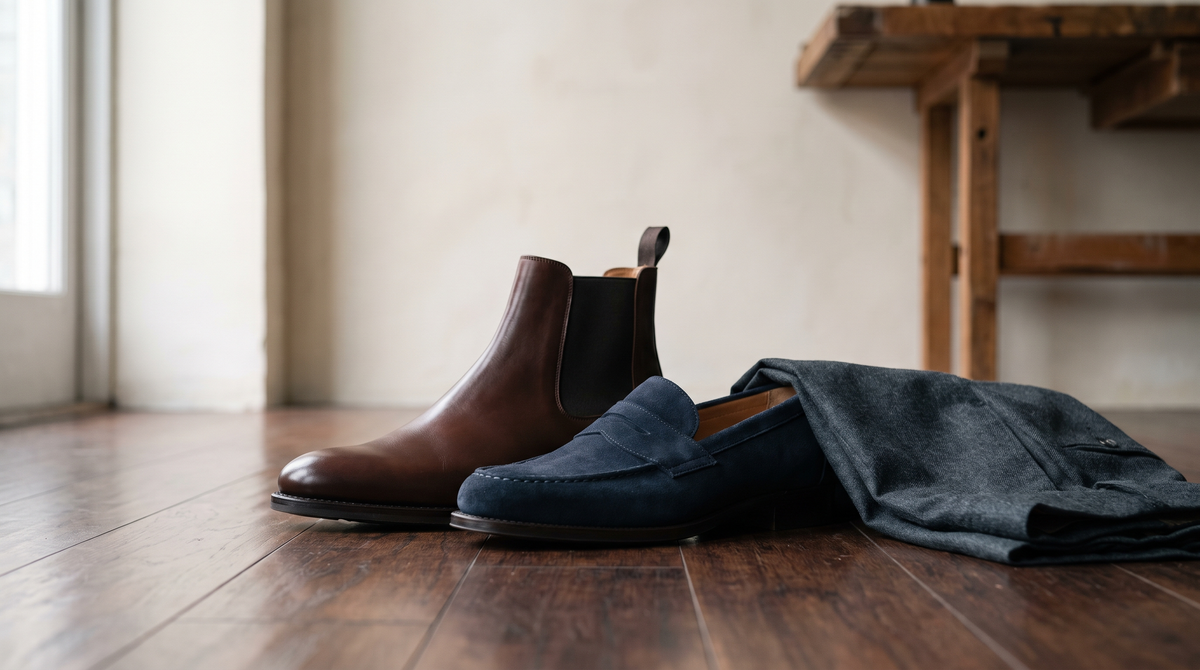 A dark brown calfskin Chelsea boot beside a navy suede penny loafer and folded charcoal trousers on a dark hardwood floor