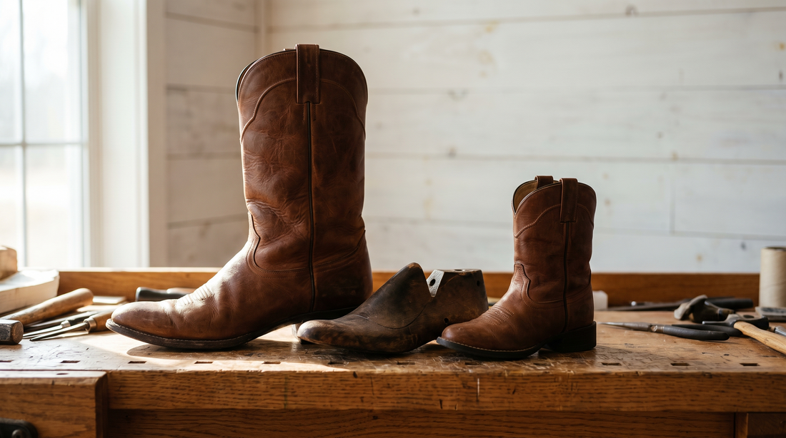 A very large brown cowboy boot standing beside a much smaller boot of the same style on a bootmaker's bench with a wooden last between them