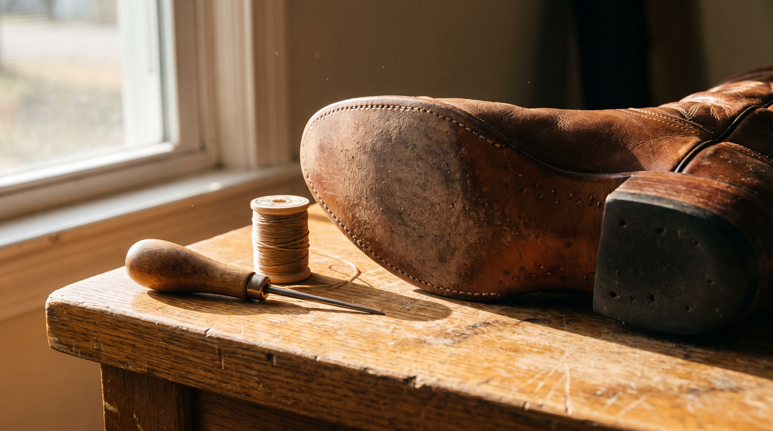 A brown cowhide cowboy boot lying on its side on a workbench showing the welt stitching around the leather outsole, with a spool of thread and an awl