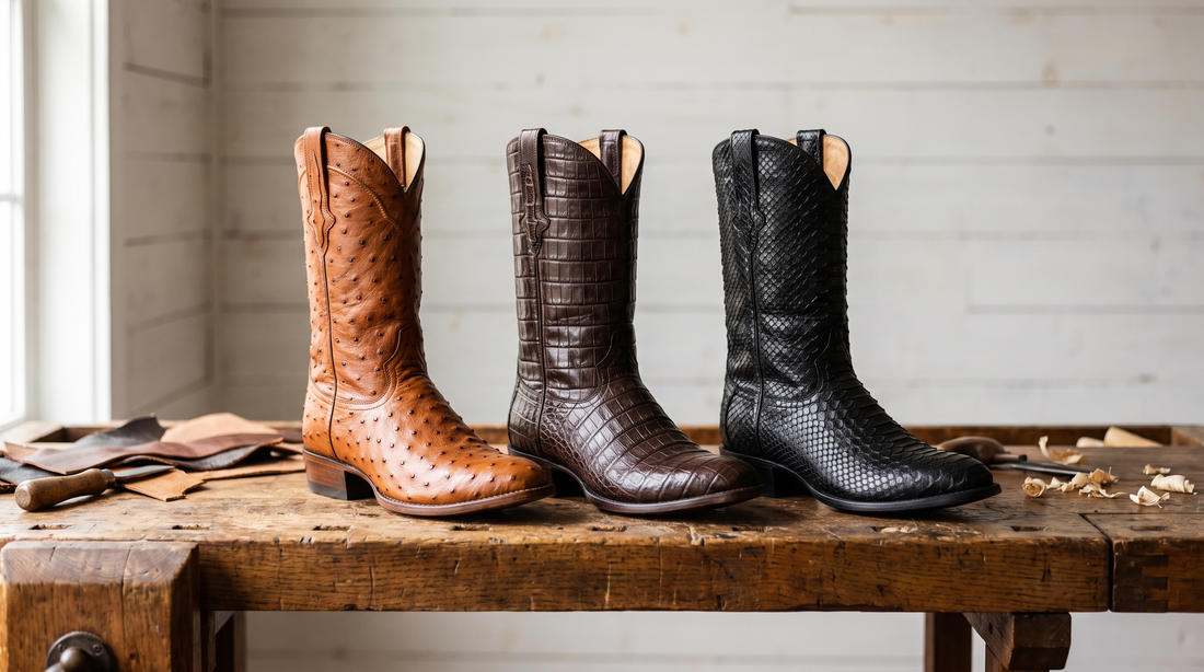 Three exotic-leather cowboy boots on a bootmaker's bench: cognac full-quill ostrich, dark brown caiman belly and black python
