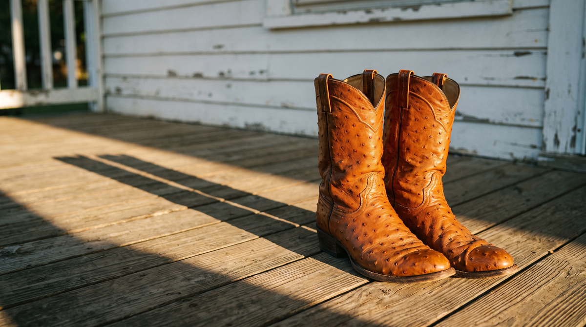 A pair of cognac full-quill ostrich cowboy boots on a sunlit wooden porch showing the raised quill pattern across the vamp