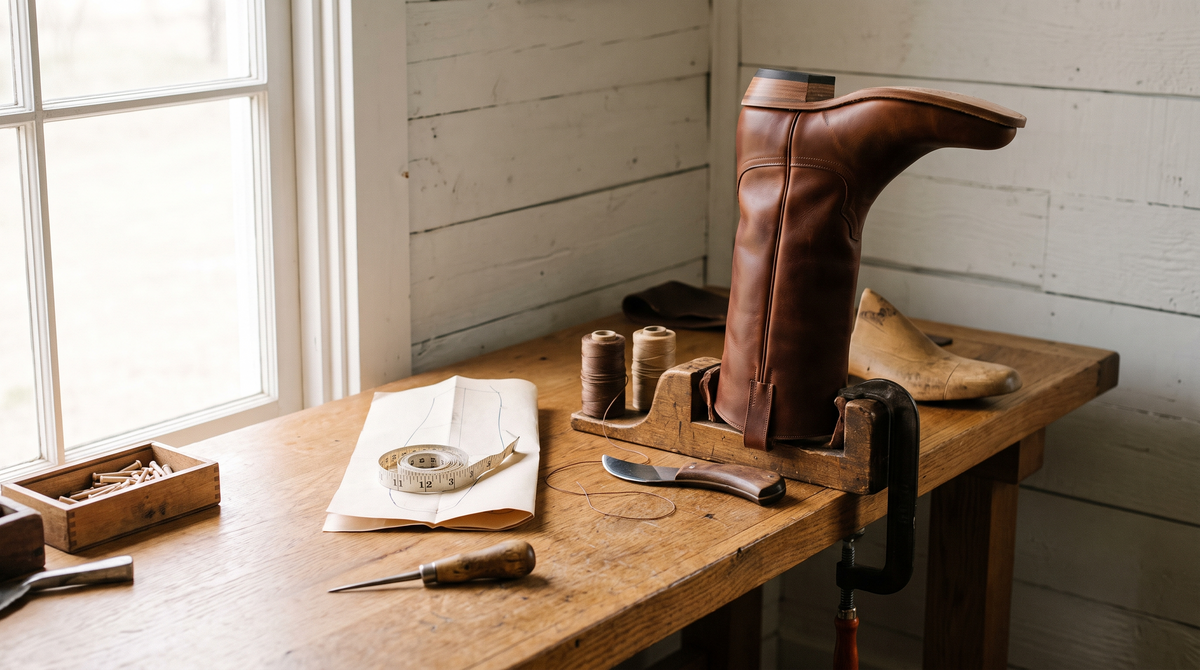 A bootmaker's bench with a brown boot upper clamped over a wooden last beside a paper foot tracing, tape measure, thread, pegs and a knife