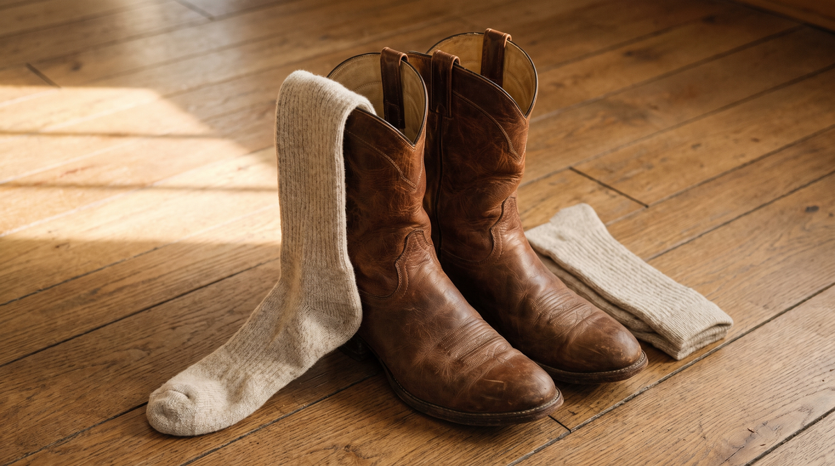 Brown cowhide cowboy boots on an oak floor with a tall oatmeal wool boot sock draped over one shaft and a second sock folded beside them