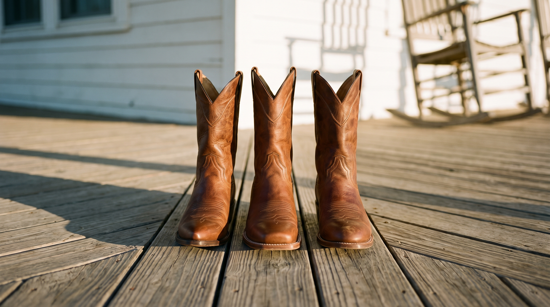 Three brown cowboy boots on a sunlit porch with their toes toward the camera showing a snip toe, a square toe and a round toe