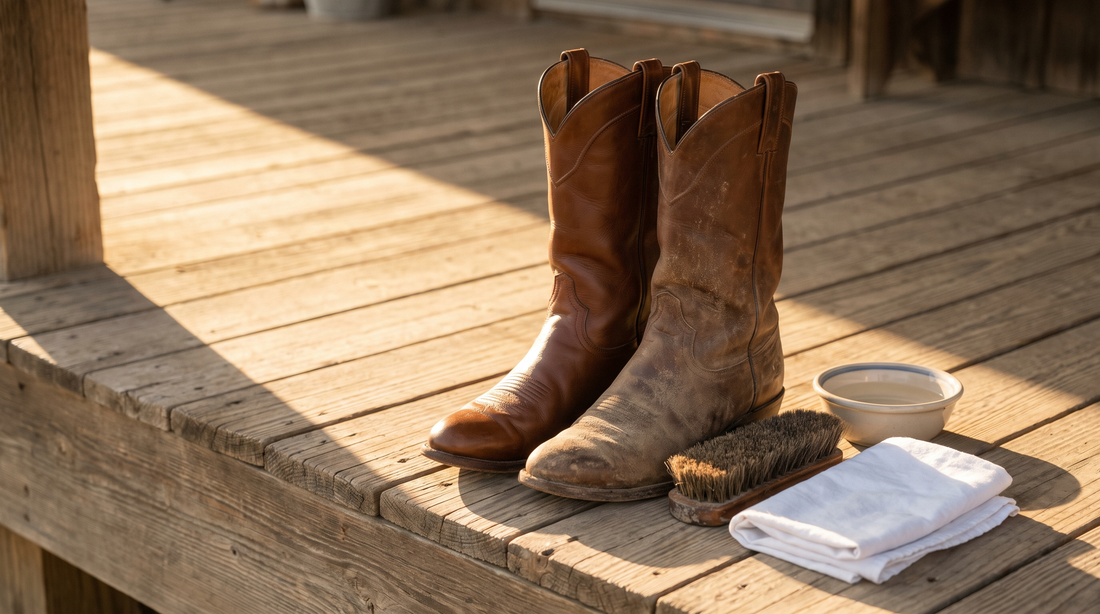 A pair of brown cowhide cowboy boots on a porch, one dusty and one cleaned, beside a horsehair brush, a white cloth and a bowl of water