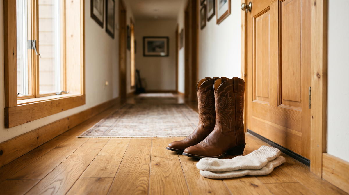 A pair of new brown cowhide cowboy boots on an indoor oak floor by a front door with a pair of wool boot socks beside them