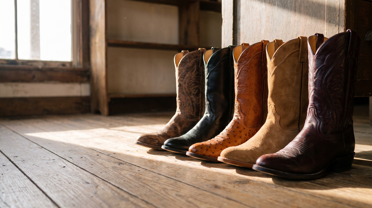 Five handmade cowboy boots in a row on a pine floor: brown tooled cowhide, black calf, cognac full-quill ostrich, tan roughout and burgundy