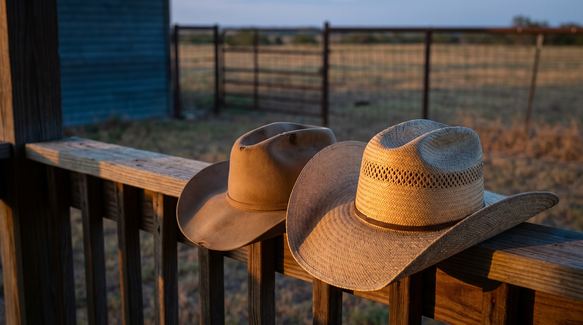 A tan felt cowboy hat and a vented straw cowboy hat side by side on a ranch porch rail at sunset