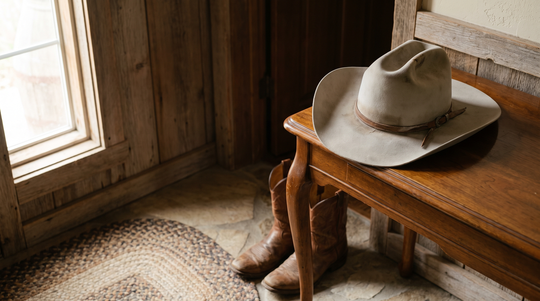 A silverbelly felt cowboy hat on a wooden entry bench beside a pair of brown cowboy boots in an old Texas home