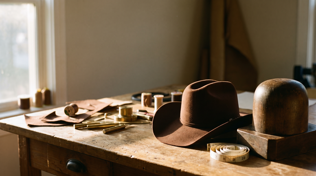 A chocolate felt cowboy hat, a wooden hat block and a cloth measuring tape on a hatmaker's workbench