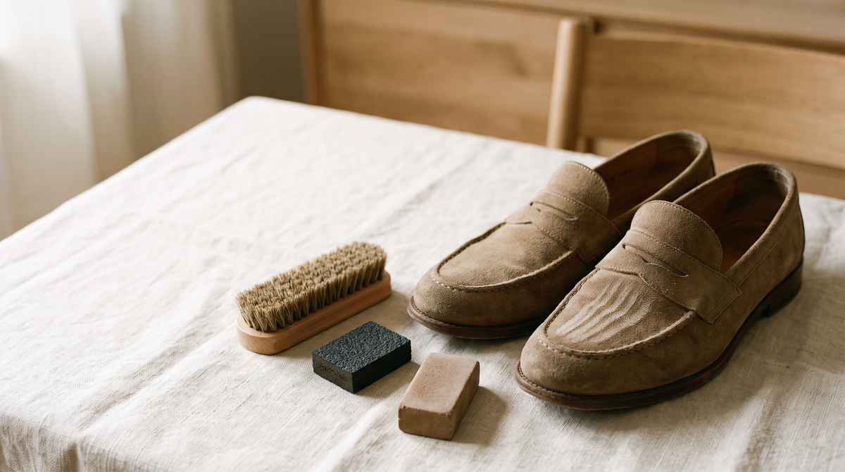 A pair of tan suede penny loafers on linen beside a bristle suede brush, a suede eraser and a crepe block
