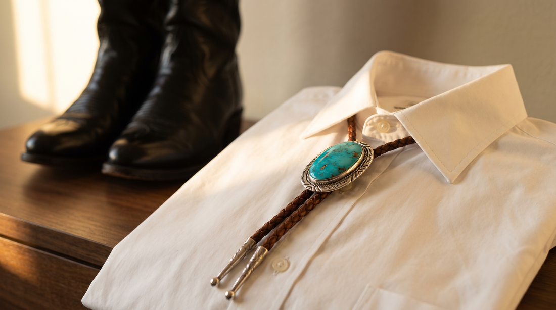 A braided leather bolo tie with an oval turquoise stone in a silver setting on a white shirt collar, black cowboy boots behind