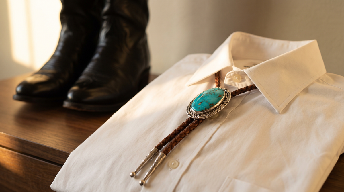 A braided leather bolo tie with an oval turquoise stone in a silver setting on a white shirt collar, black cowboy boots behind