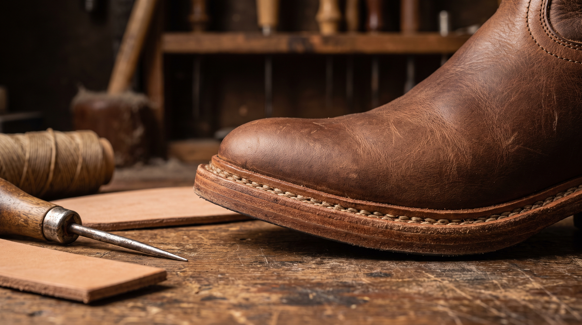 Close-up of the forefoot of a brown leather cowboy boot on a workbench, showing the welt stitching along the sole edge, with an awl and waxed thread