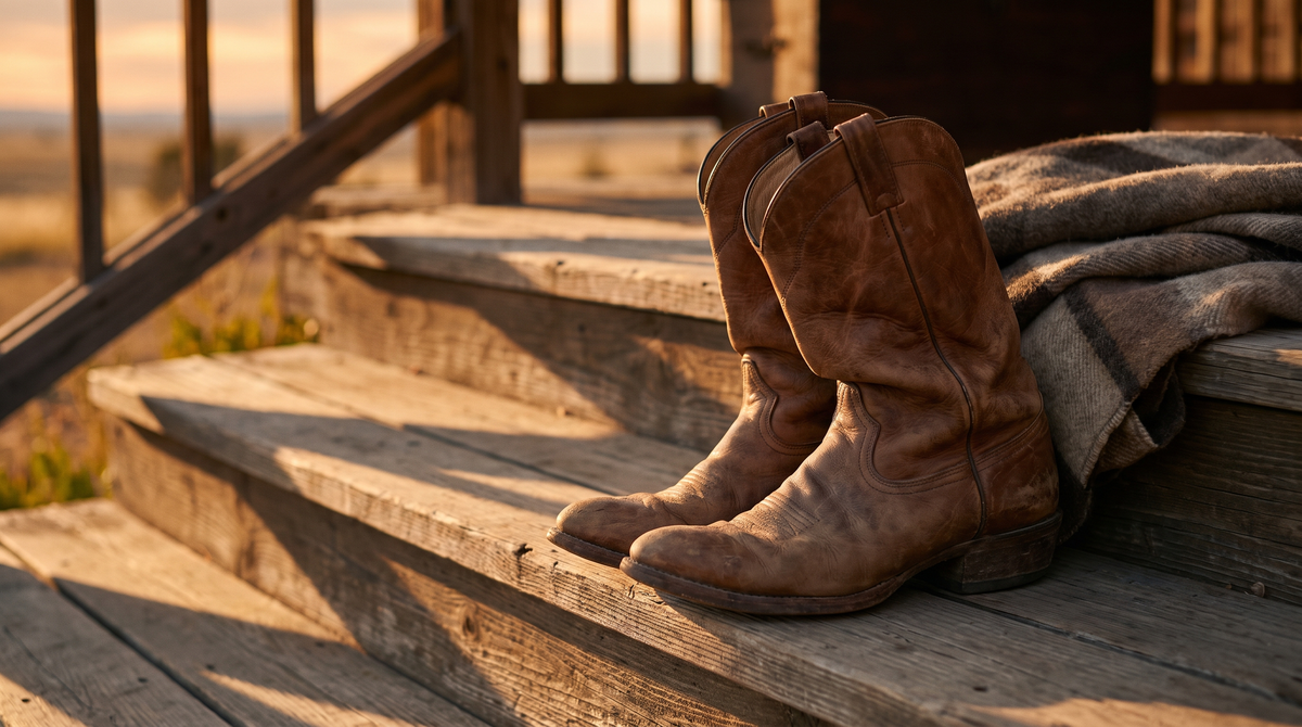 A pair of worn brown cowhide cowboy boots on wooden porch steps at golden hour beside a folded wool blanket