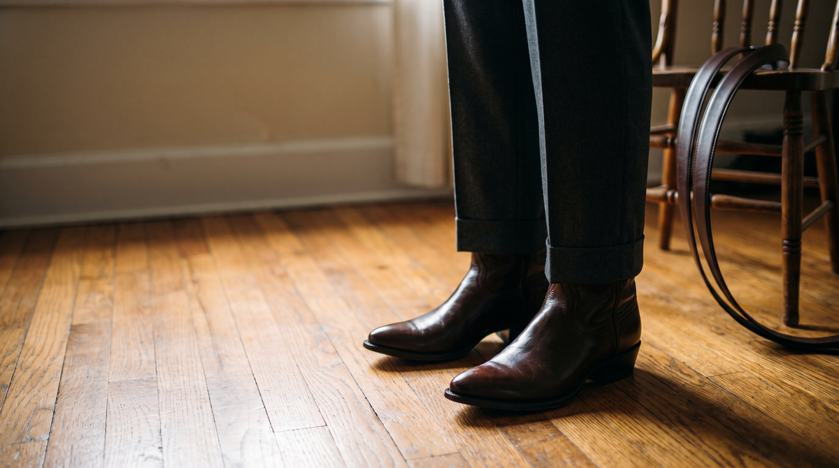 Dark brown polished dress boots under charcoal wool suit trousers on a hardwood floor, a leather belt on a chair behind