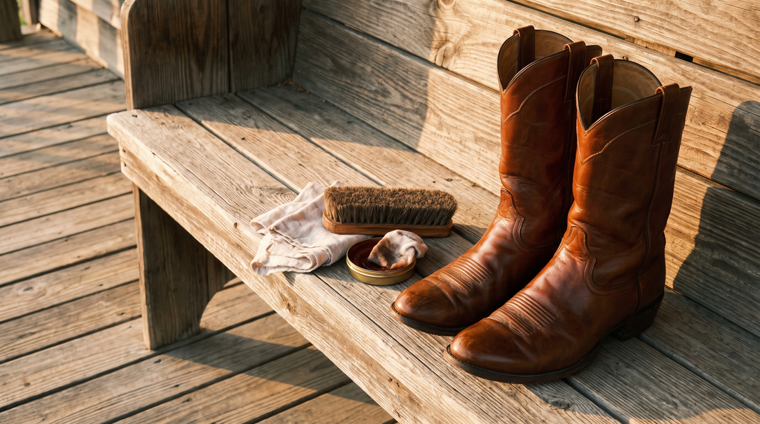 A pair of brown leather cowboy boots on a weathered porch bench beside a horsehair brush, a tin of wax polish and a cotton cloth