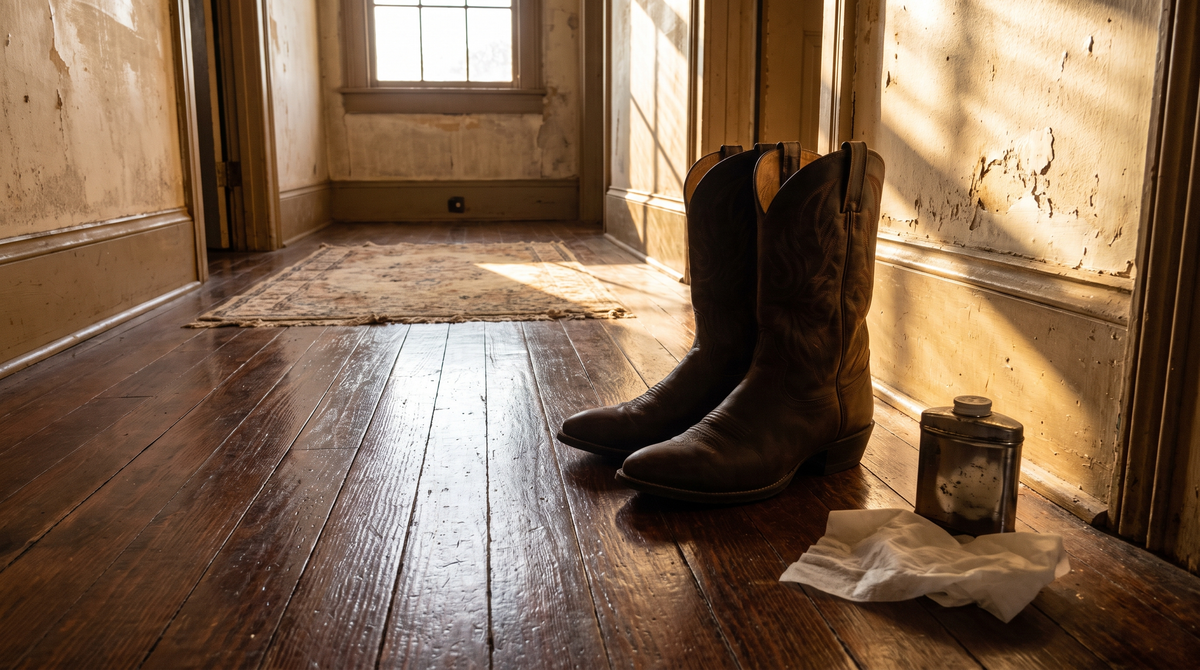 A pair of leather boots on a polished hardwood floor beside a tin of powder and a dryer sheet