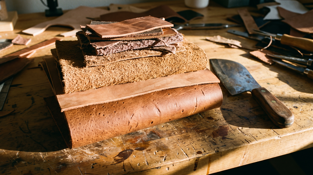 A stack of leather pieces on a leatherworker's bench, from smooth grain leather down to fibrous split, beside a head knife