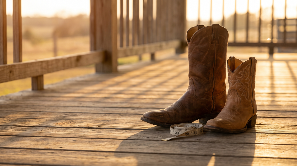 A man's brown leather cowboy boot beside a smaller women's tan cowboy boot on a porch floor, with a cloth tape measure between them
