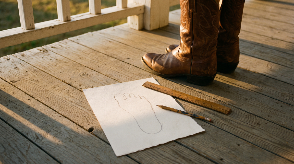 A foot outline traced in pencil on paper on a porch floor, with a wooden ruler, a pencil and a pair of brown cowboy boots