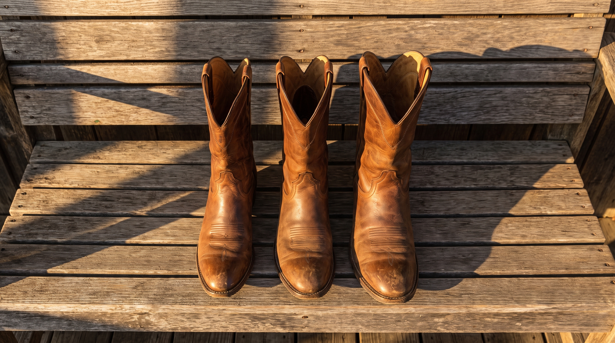 Three brown leather cowboy boots of narrow, medium and wide widths lined up toe to camera on a wooden bench