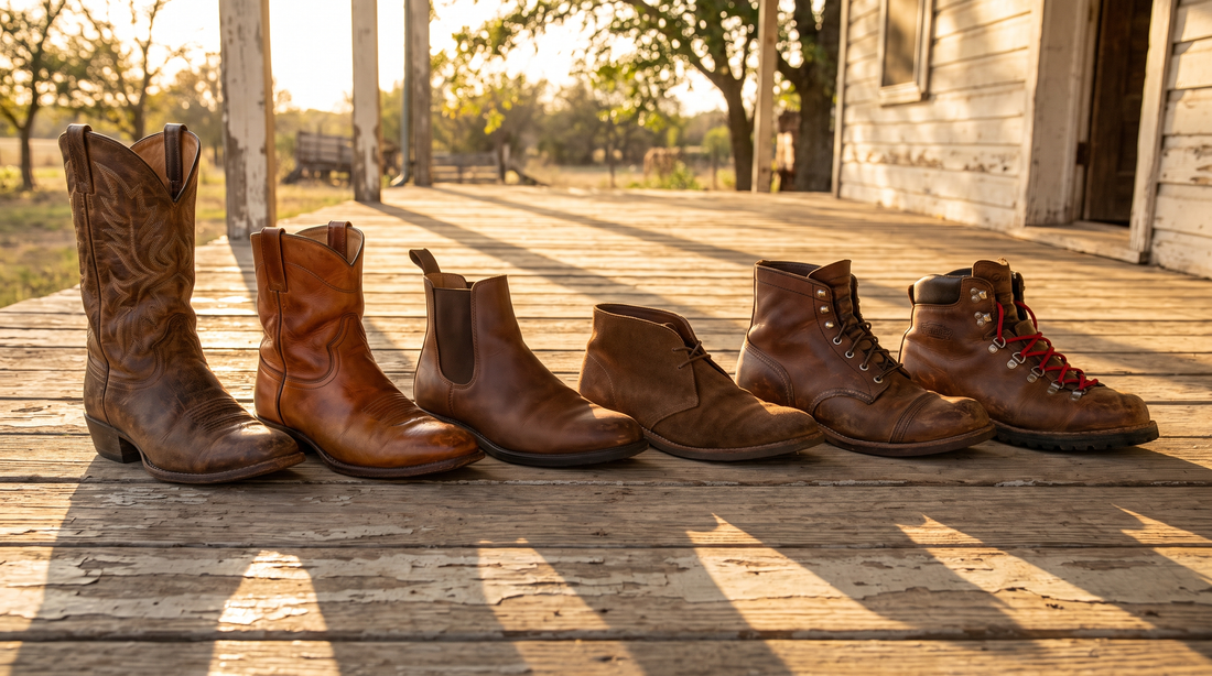 Six men's boot styles in a row on a wooden porch: a cowboy boot, a roper, a Chelsea, a suede chukka, a work boot and a hiking boot