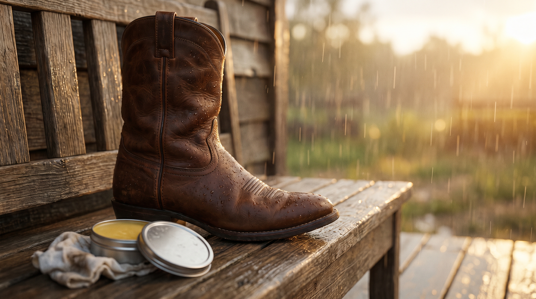 A brown leather cowboy boot with water beading on the leather, beside an open tin of wax and a cloth on a porch bench in the rain