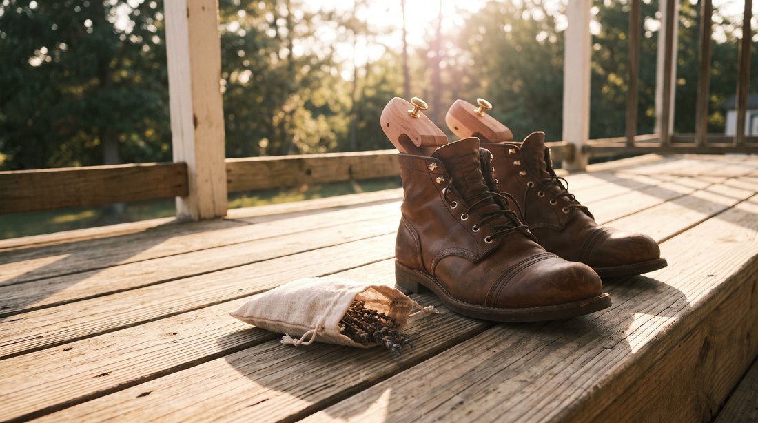 A pair of leather boots on a porch in the sun with cedar shoe trees in them and a cloth sachet beside them