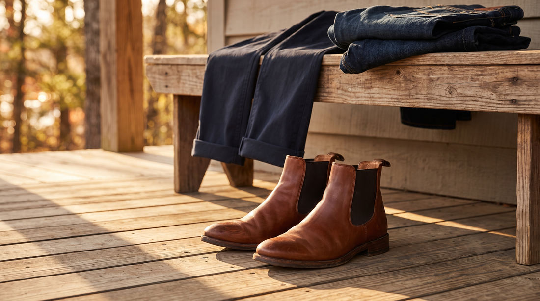 A pair of brown calfskin Chelsea boots on a porch floor below a bench holding dark trousers and folded jeans