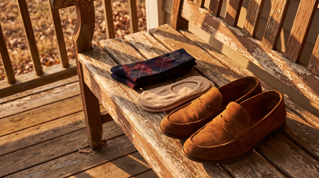 A pair of brown suede penny loafers on a porch bench beside no-show socks and patterned dress socks