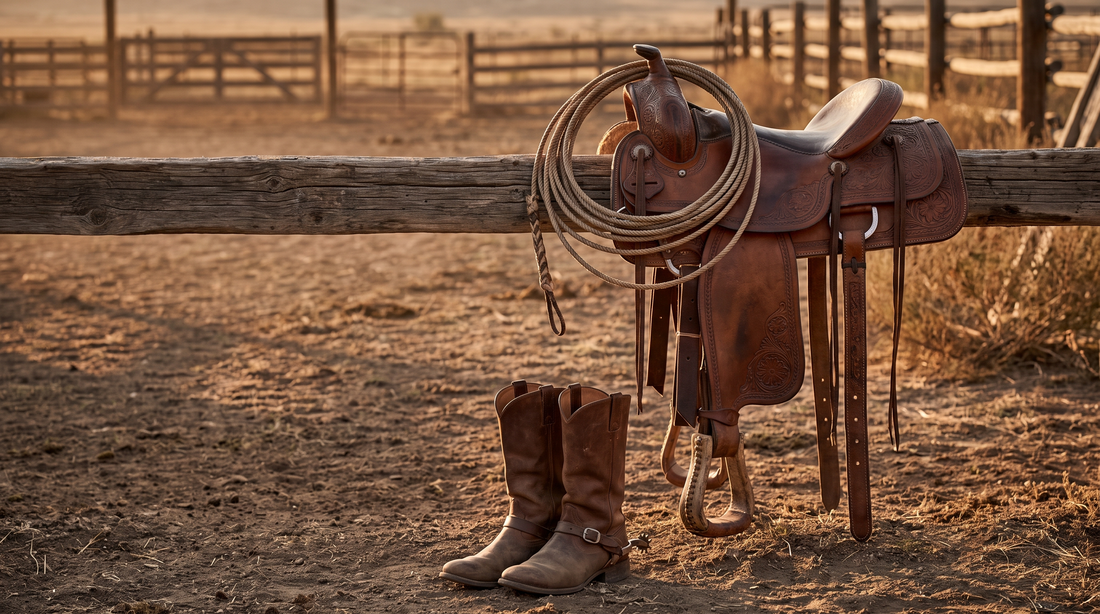 A worn leather saddle with a coiled rope on a corral fence, and a pair of brown riding boots with spurs on the ground below