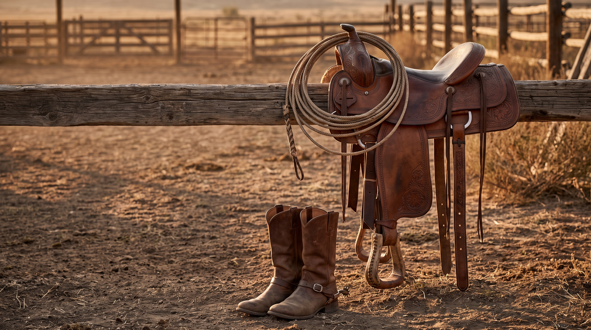 A worn leather saddle with a coiled rope on a corral fence, and a pair of brown riding boots with spurs on the ground below