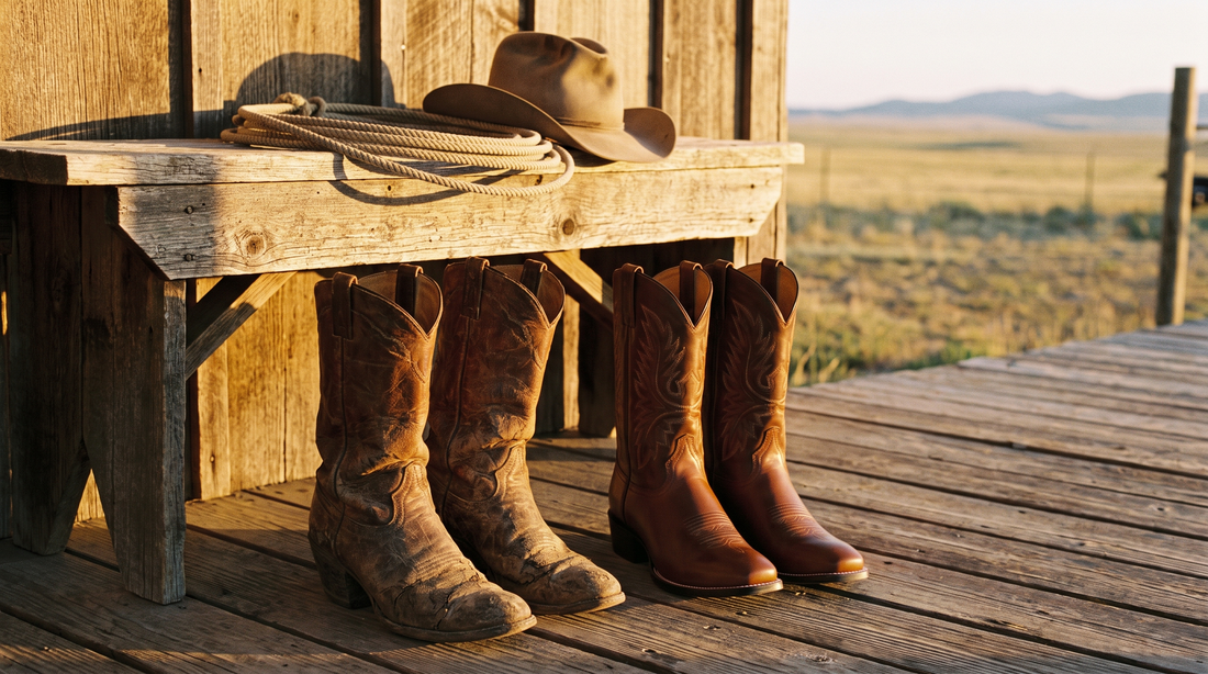 An old, worn pair of cowboy boots beside a newer polished pair under a bench holding a coiled rope and a felt hat, with prairie beyond
