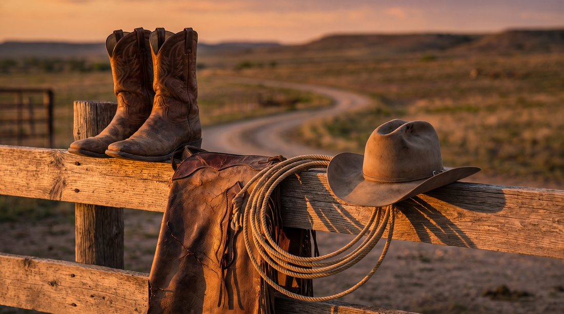 Worn cowboy boots, leather chaps, a coiled rope and a felt hat on a ranch fence at dusk, with a cattle trail winding across the range