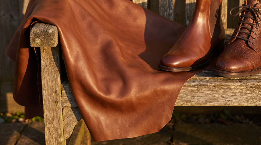 A sheet of soft brown leather draped over a wooden bench beside a smooth calfskin boot and a pebbled bison leather boot