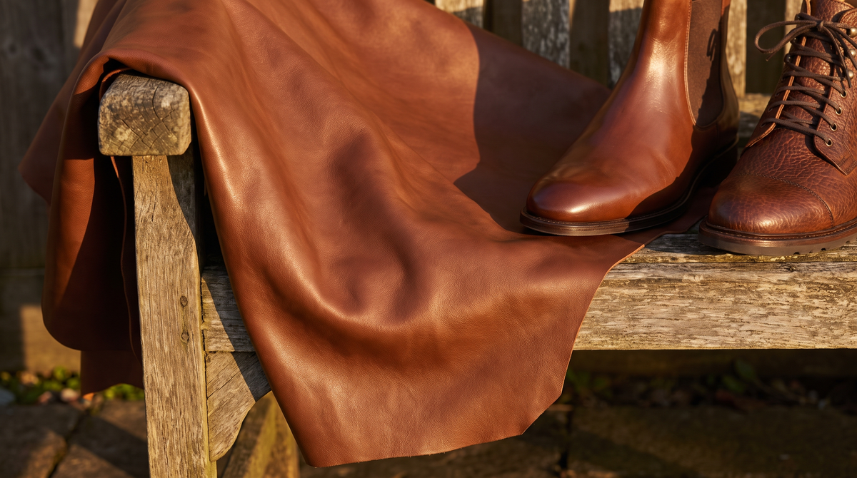A sheet of soft brown leather draped over a wooden bench beside a smooth calfskin boot and a pebbled bison leather boot